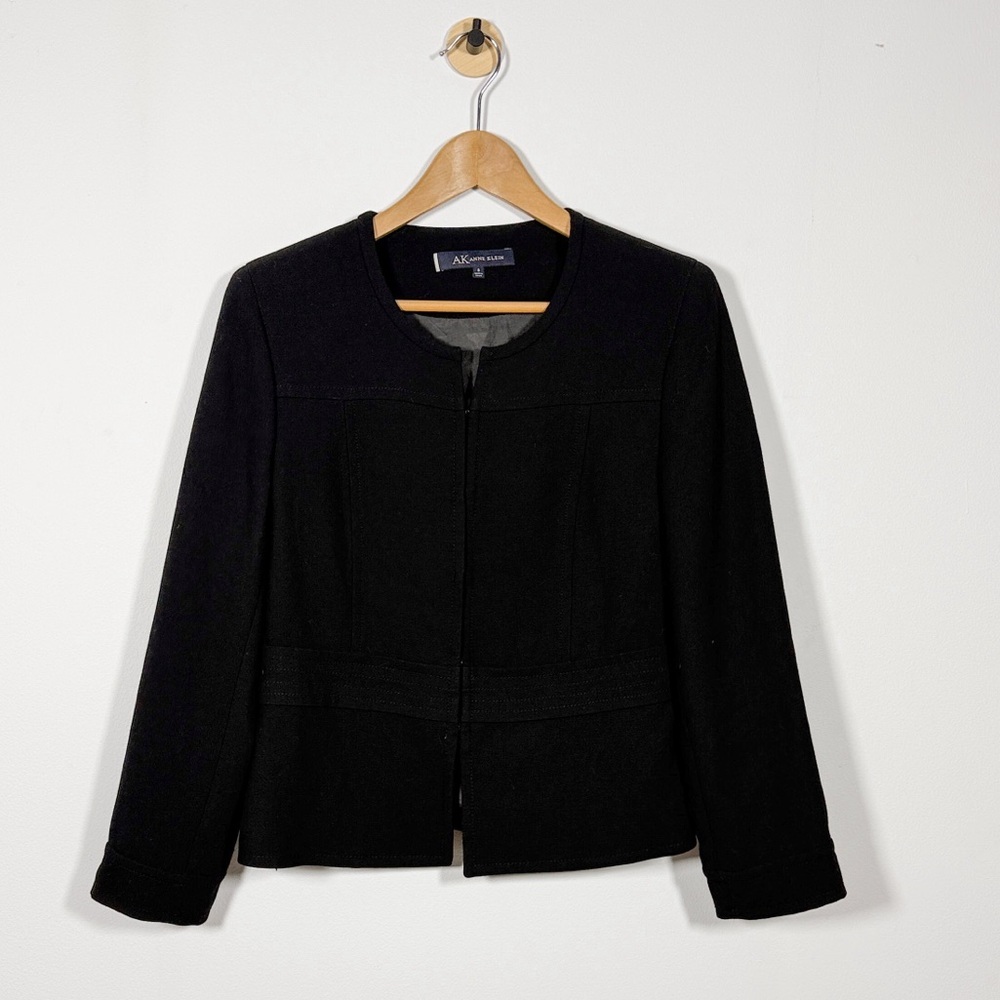 Anne Klein Black Silk Hook Eye Blazer Women‎ 8 Minimalist Classic Career Fall